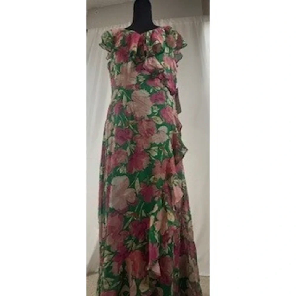 London Times Fashion Green Pink Floral Maxi Dress Ruffle Chiffon Gown Size 12 - Picture 7 of 8